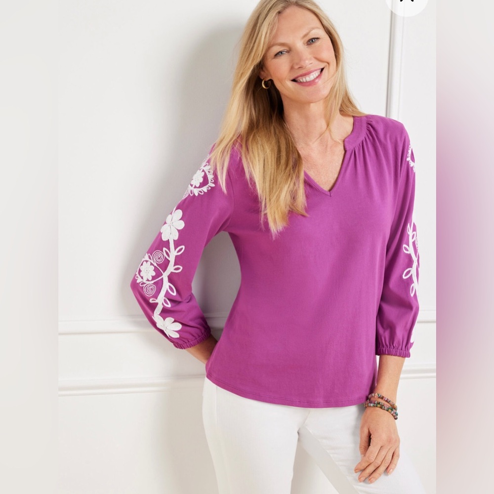 Talbots Purple Embroidered Sleeves Split Neck Tee Sz 2X Plus Work Fall 2025